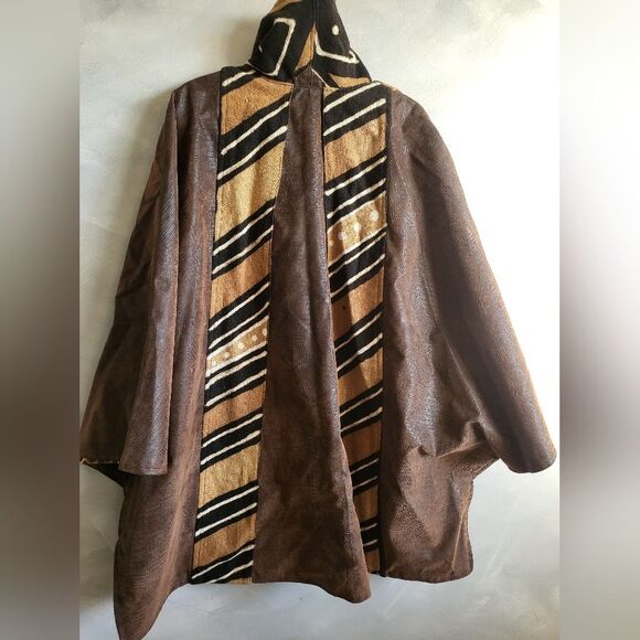 OVERSIZED single button leather and fabric cheetah liner mud cloth jacket OS - Picture 2 of 16